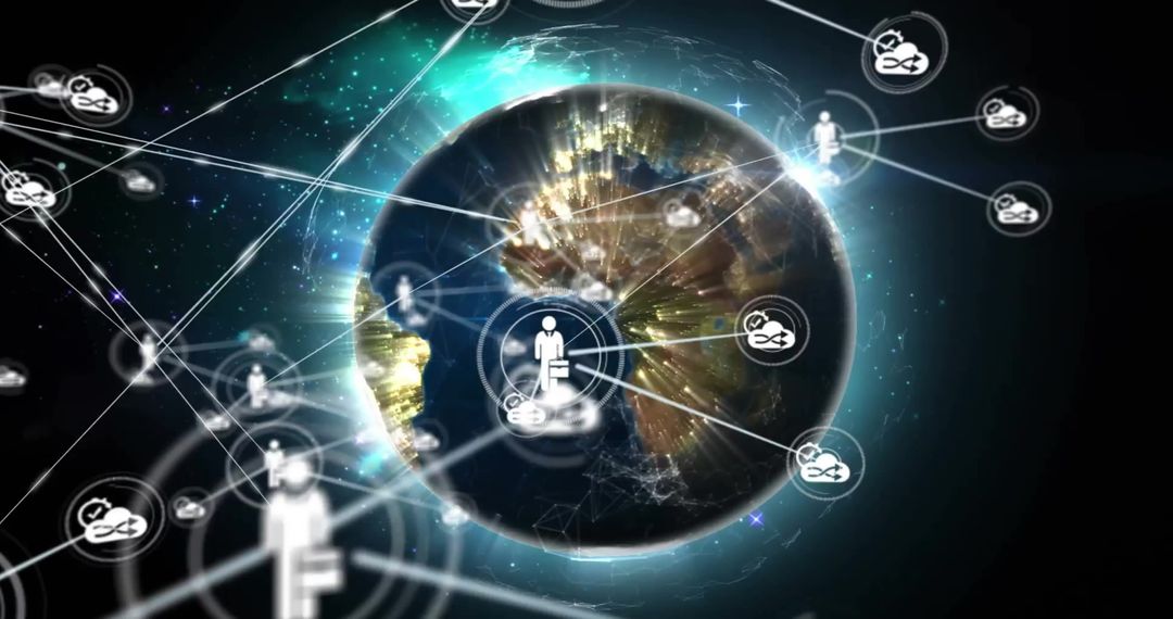 Global Network Connections with Data Processing Icons over Earth