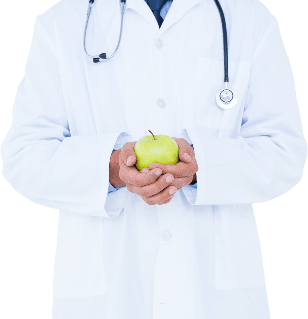 Transparent Doctor with Green Apple Promoting Healthy Diet