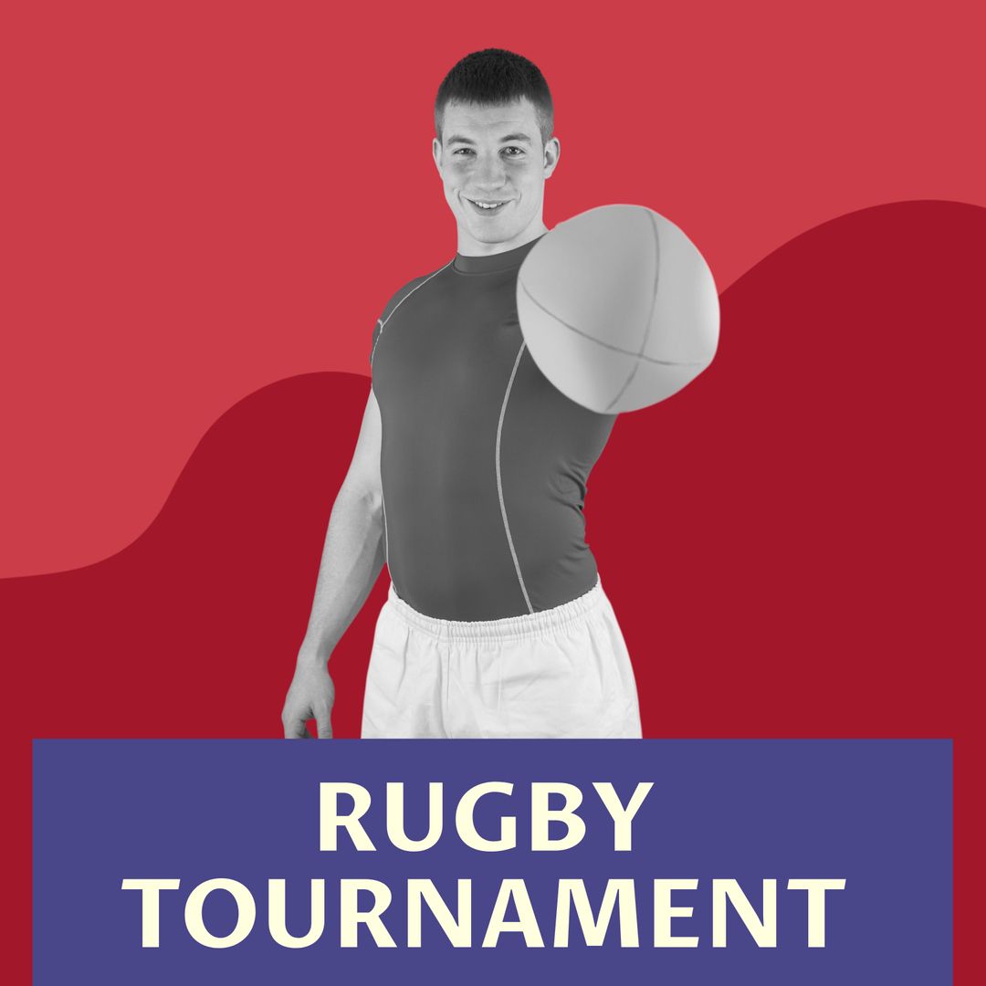 Rugby Tournament Promotion with Enthusiastic Player Holding Ball