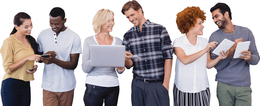 Diverse Group of Colleagues Interacting with Digital Devices on Transparent Background