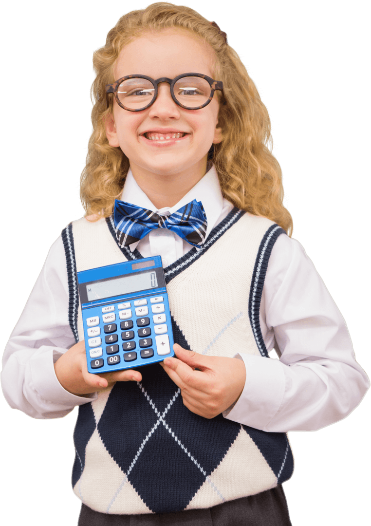 Happy Child Holding Calculator on Transparent Background