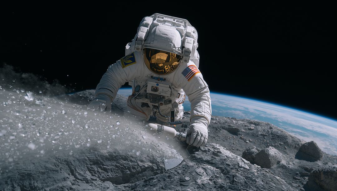 Astronaut Kneeling on Asteroid Using Powered Drill Spraying Regolith Toward Earth