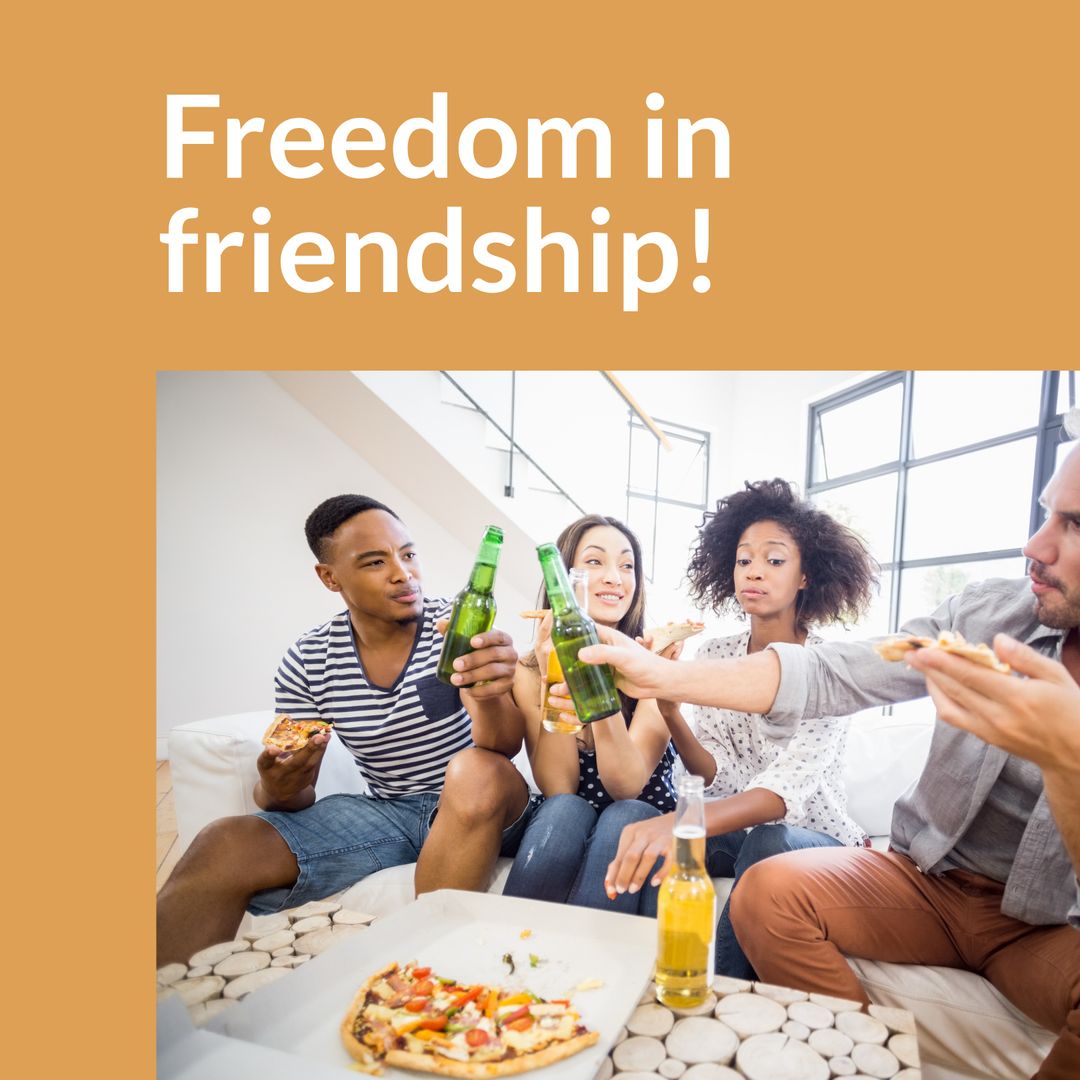 Diverse Friends Enjoying Beverages and Pizza at Home