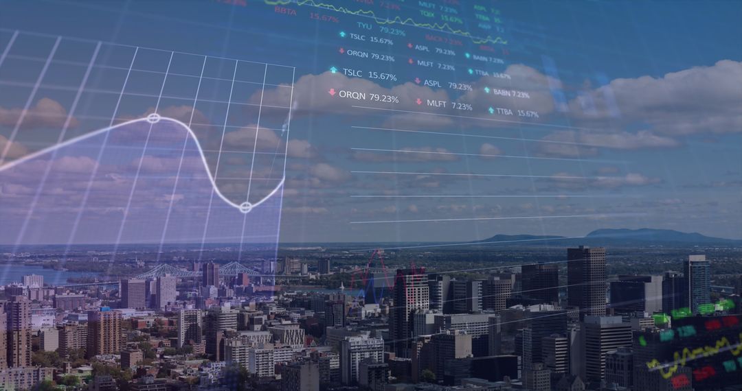 Digital Financial Data Overlaying Bustling Cityscape