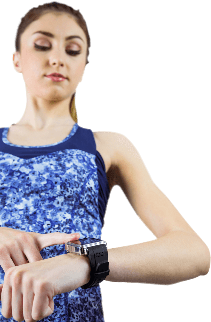 Transparent Fit Woman Using Smartwatch During Fitness Routine