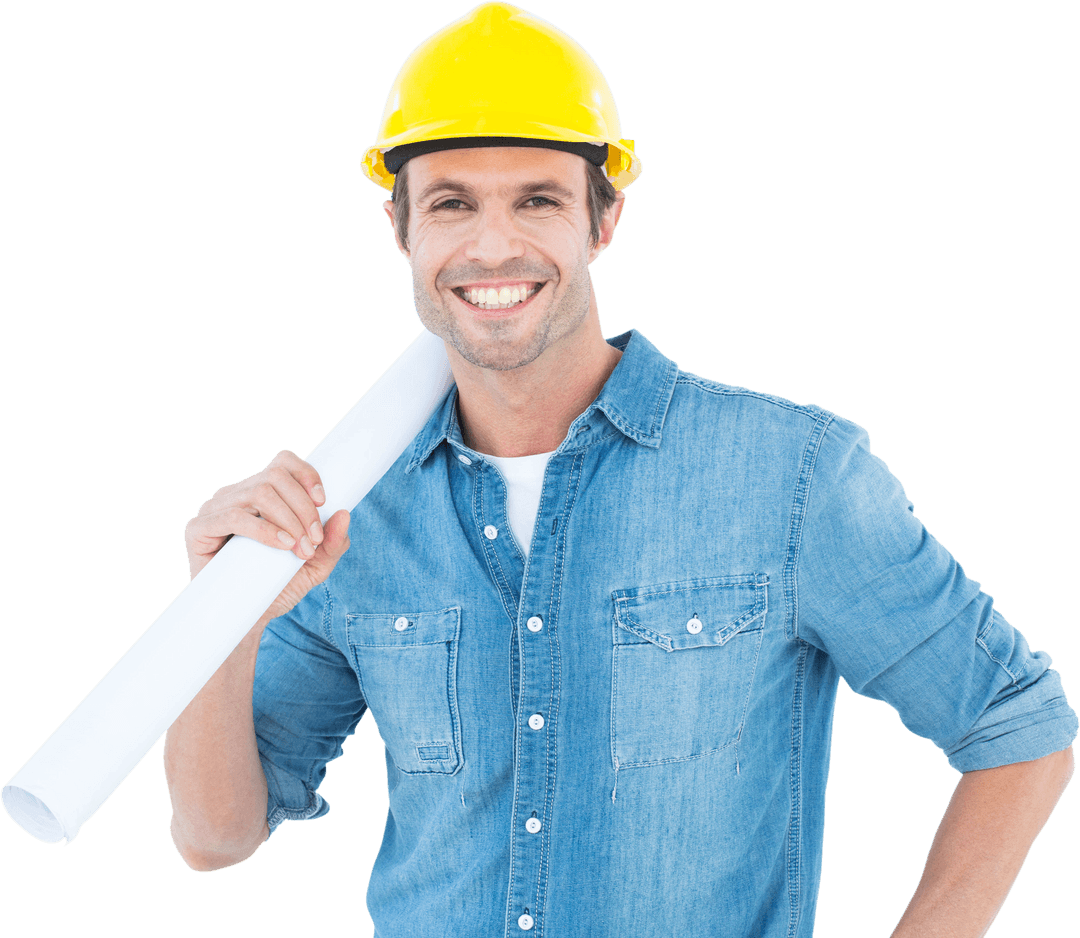 Confident Architect with Rolled Blueprint Wearing Denims Transparent Background