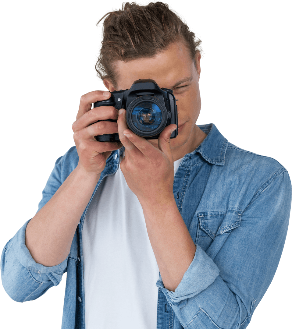Young Photographer with Digital Camera on Transparent Background