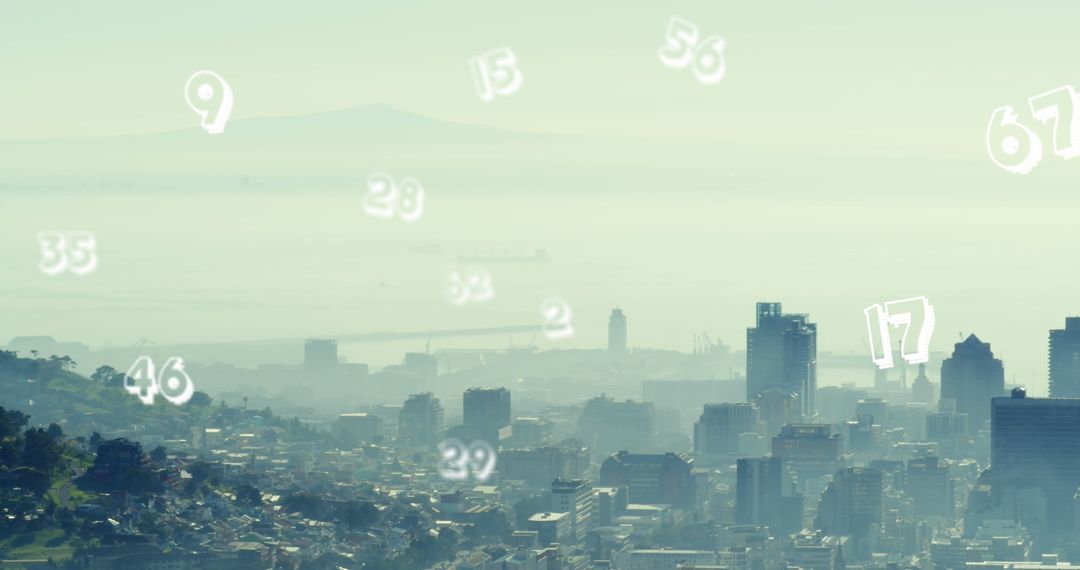 Foggy Cityscape with Superimposed Numbers in Abstract Digital Concept