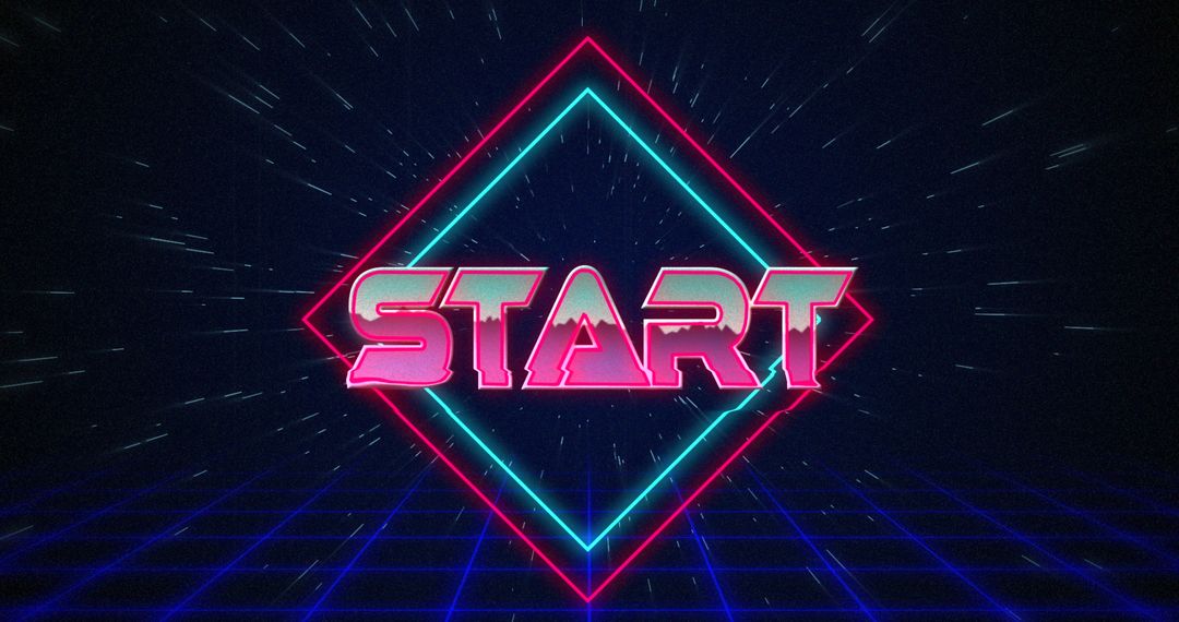 Retro Start Screen with Neon Glitch Effect in Squares and Dark Background 4k