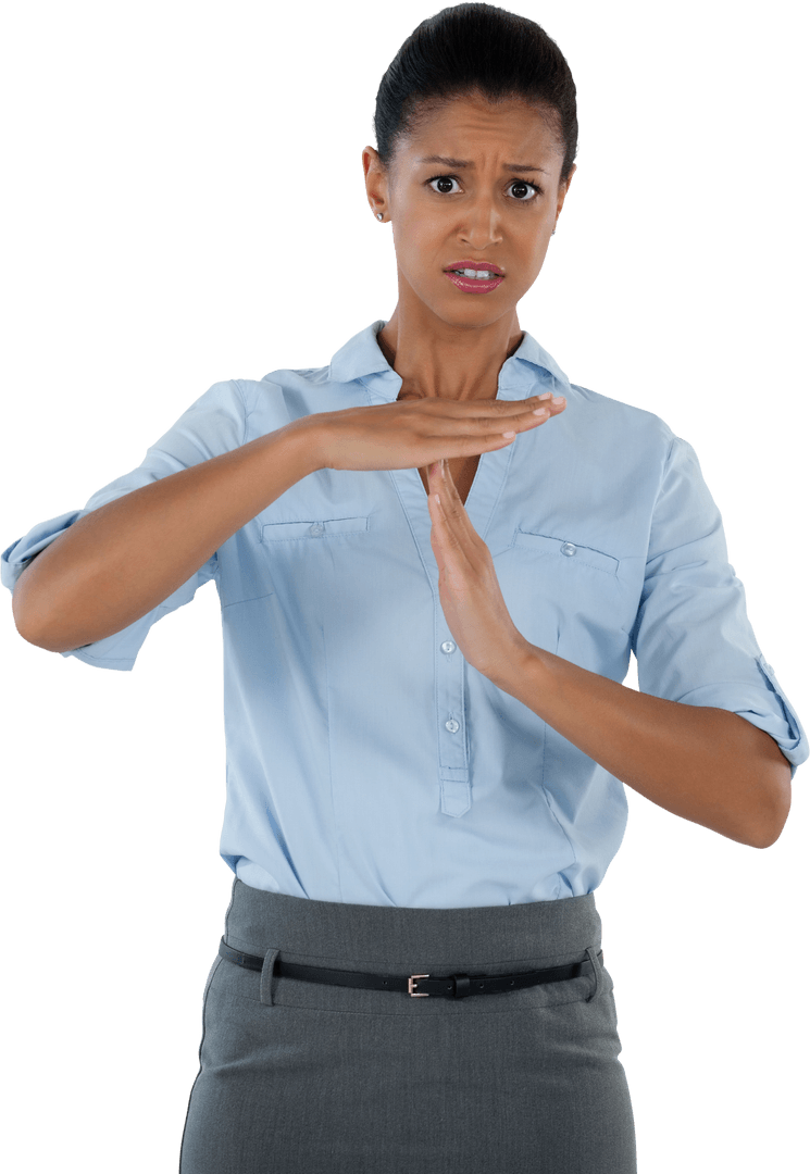 Transparent Businesswoman Showing Timeout Hand Gesture in Tense Moment