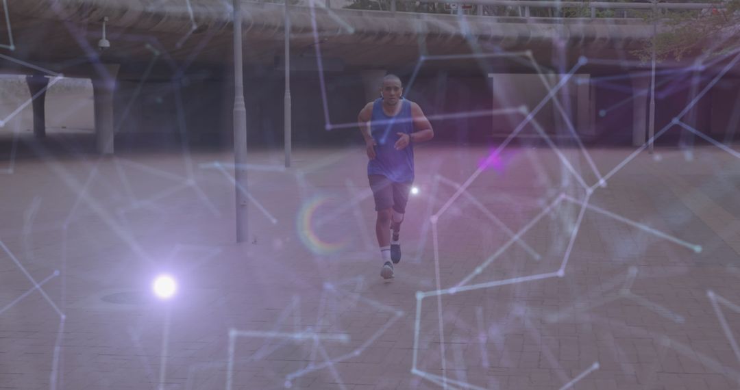Male Athlete with Prosthetic Leg Running with Digital Network Overlay