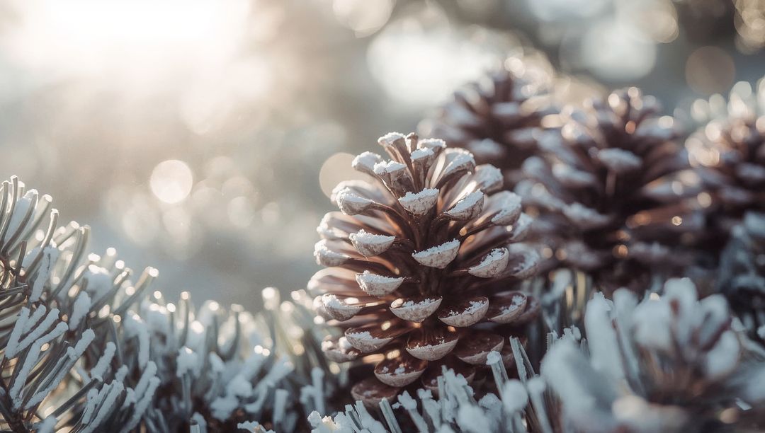 Frost-Dusted Pine Cone Gleaming on Evergreen Branch with Sunlit Bokeh