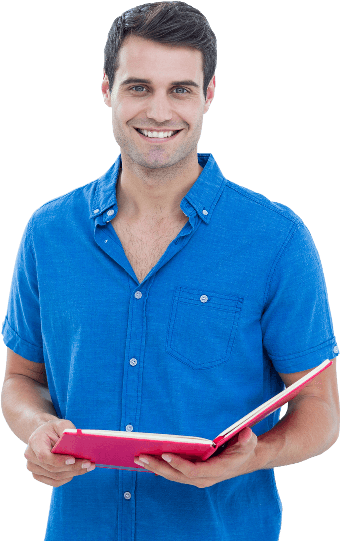 Happy Caucasian Man Holding Book on Transparent Background