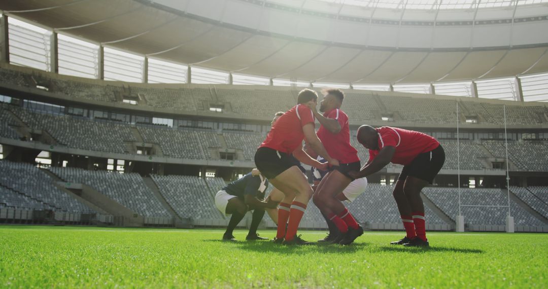 Rugby Team Practising Scrum Maneuver in Stadium - Free Images, Stock Photos and Pictures on Pikwizard.com