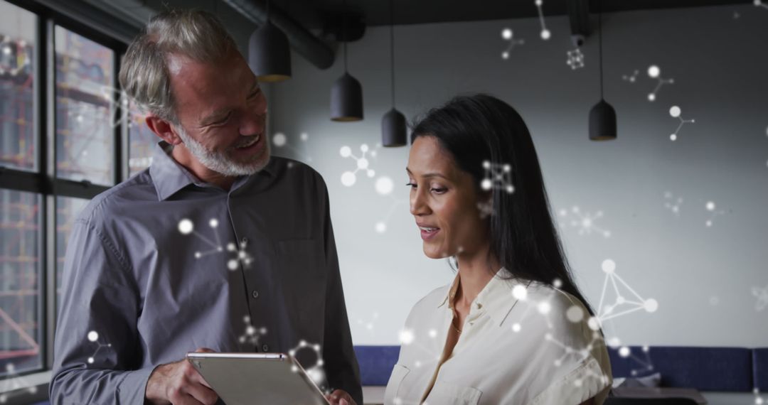 Colleagues Discussing Innovation with Floating Molecular Structures