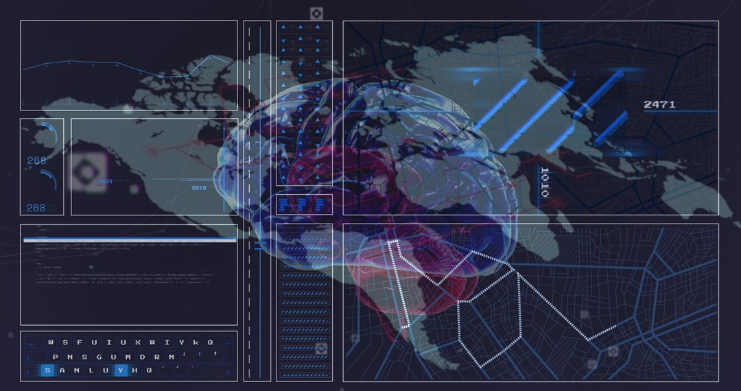 Digital Brain Interface Overlay with Global Map in Futuristic Theme