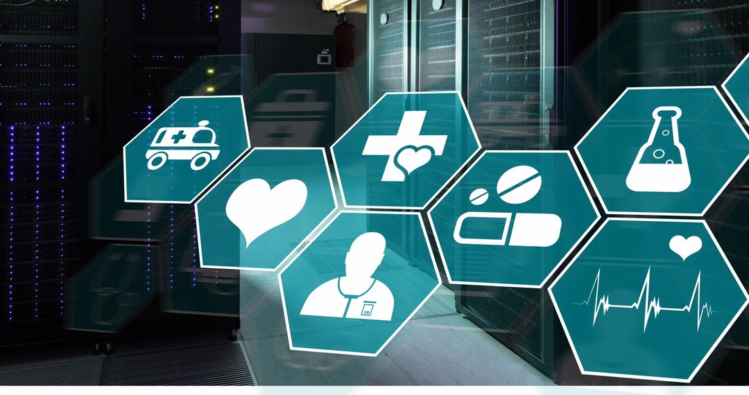 Digital Healthcare Icons Overlaying Futuristic Server Room