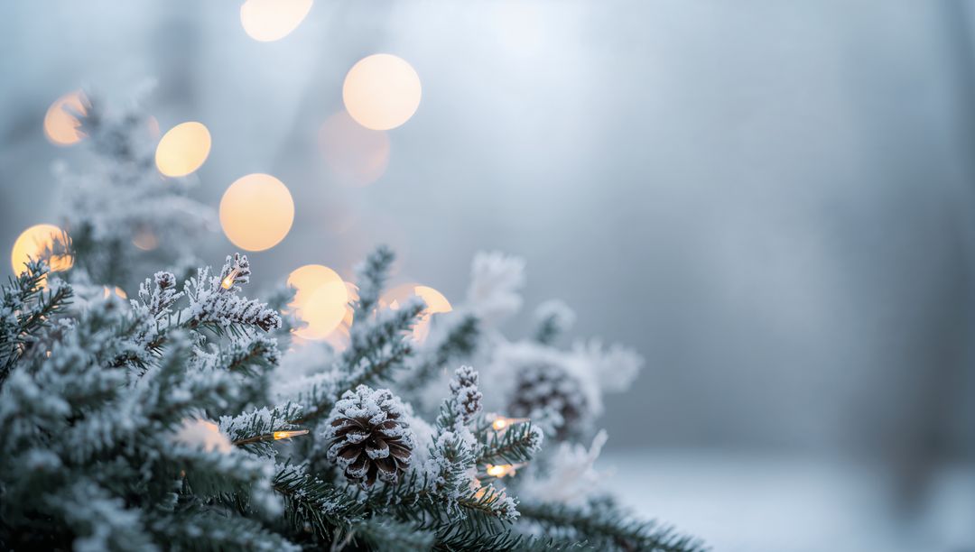 Frost-dusted fir branches with pinecones and warm bokeh lights for winter holiday mood