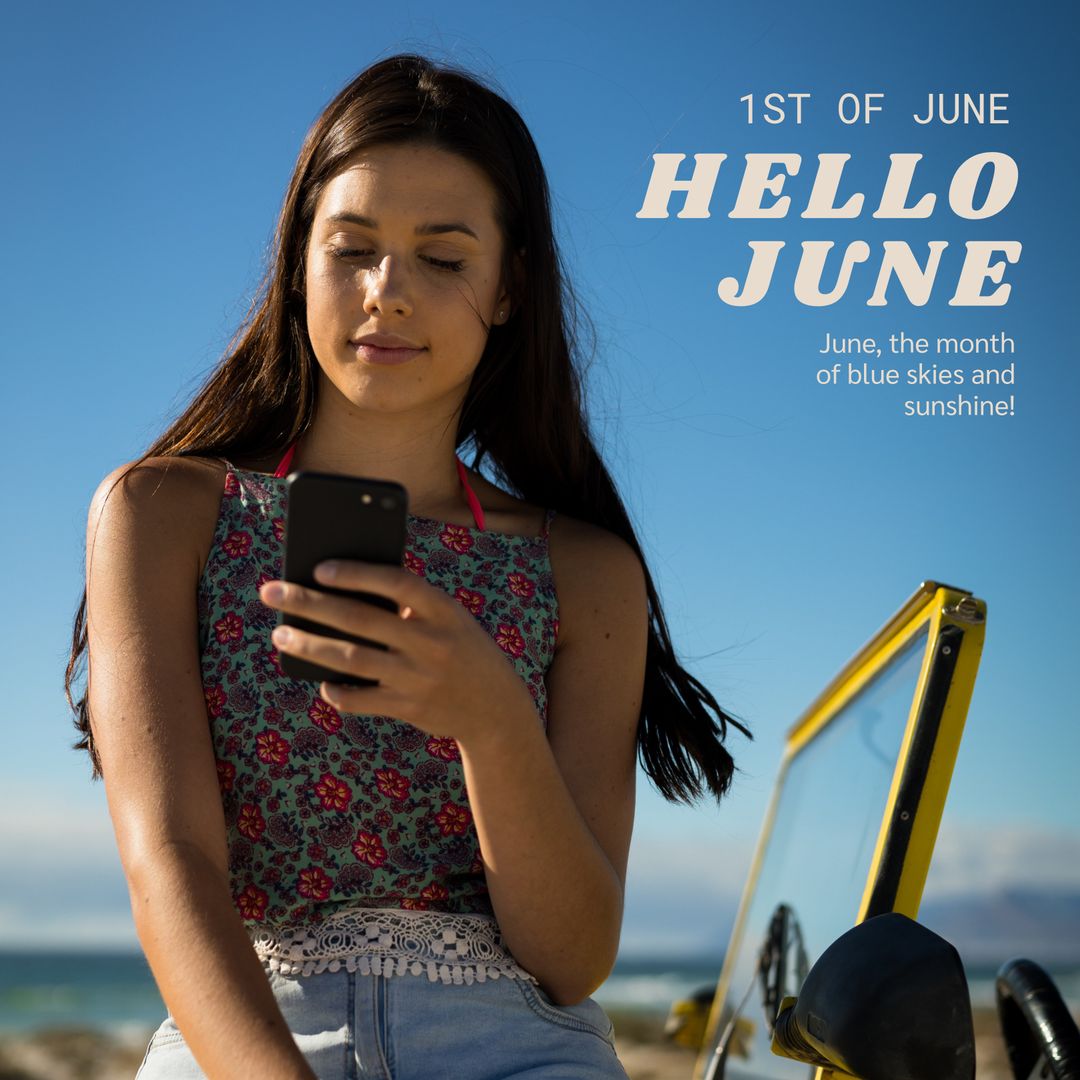 Smiling Woman Messaging at Beach for Summer Greeting