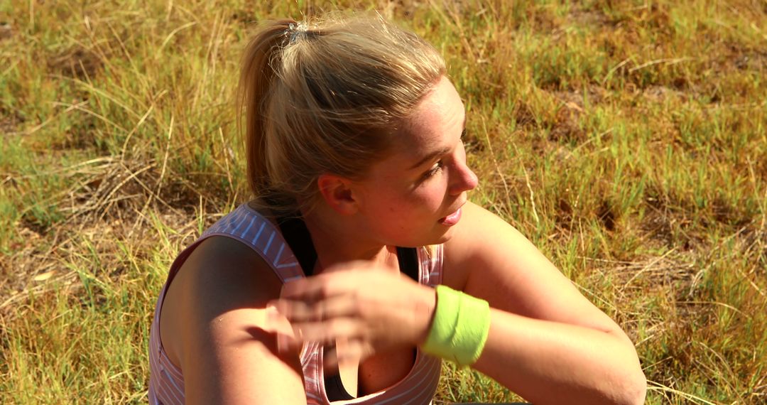 Exhausted blonde woman resting after outdoor workout - Free Images, Stock Photos and Pictures on Pikwizard.com