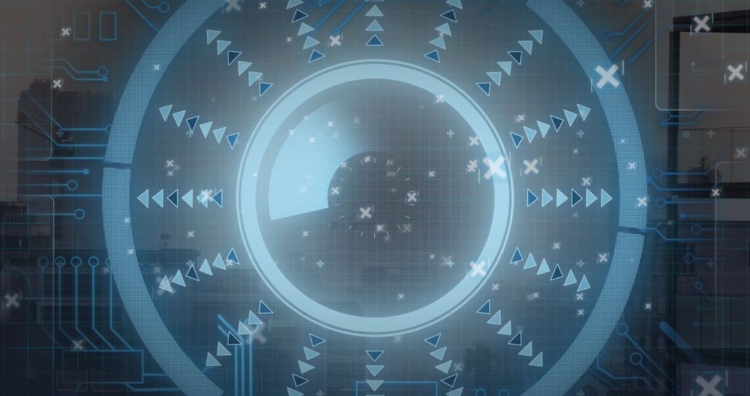 Futuristic Circular Digital Interface Over Cityscape