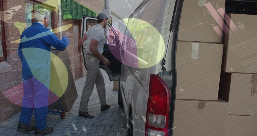 Digital Overlay on Delivery Workers Loading Boxes Into Van with Financial Data Screen - Free Images, Stock Photos and Pictures on Pikwizard.com