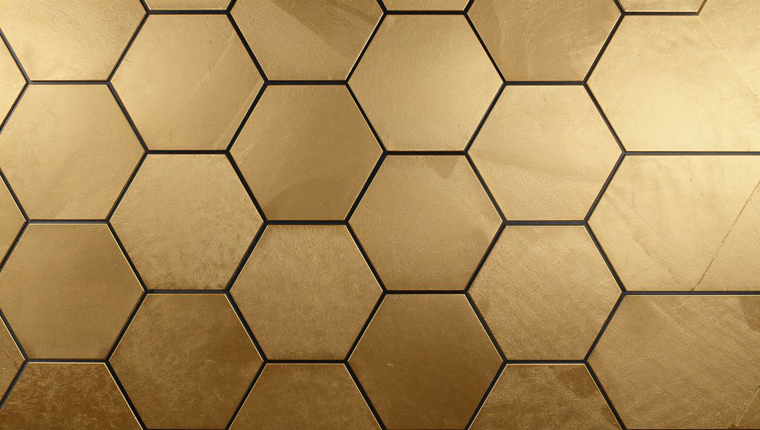 Luxurious Hexagonal Gold Honeycomb Tiles with Brushed Metallic Texture and Dark Seams