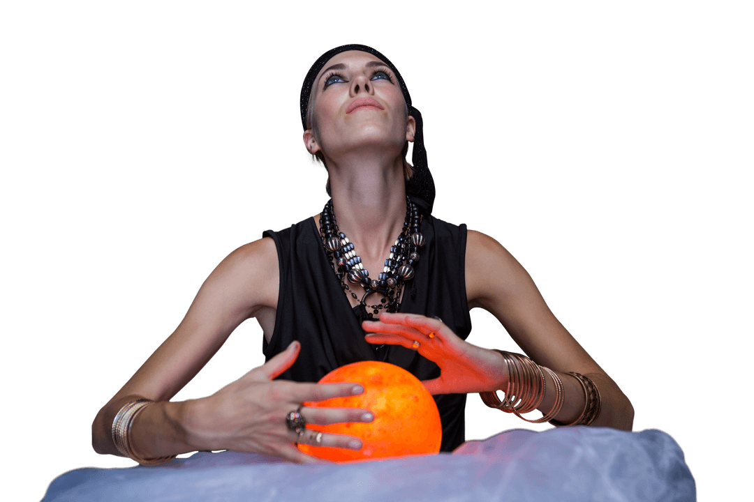 Transparent Fortune Teller Gazing Into Glowing Crystal Ball