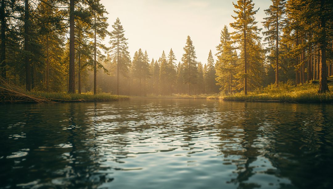 Serene Morning Lake with Mist and Sunlight Through Trees