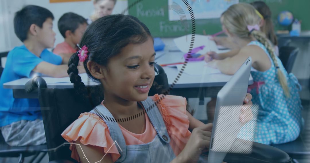Smiling Disabled Girl Using Tablet in Classroom