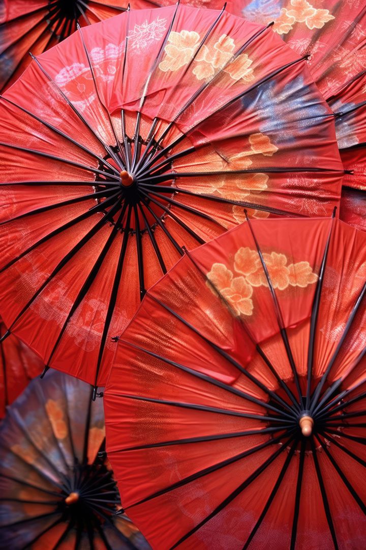 Red chinese umbrellas with floral patterns, created using generative ai technology - Free Images, Stock Photos and Pictures on Pikwizard.com