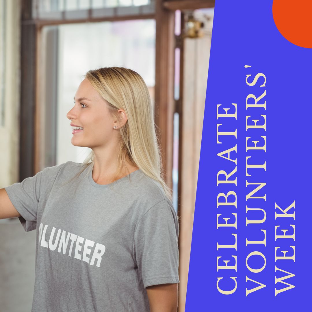 Happy Caucasian Female Volunteer Celebrating Volunteers' Week in Casual T-Shirt - Download Free Stock Templates Pikwizard.com