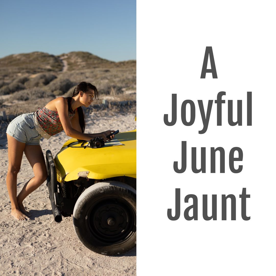 Woman Enjoys Beach Adventure Beside Fun Yellow Car