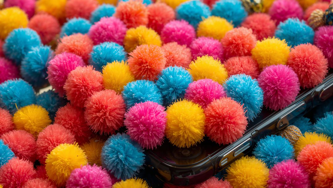Vibrant Multicolor Pom-Pom Cluster Nestling Around Partially Buried Smartphone