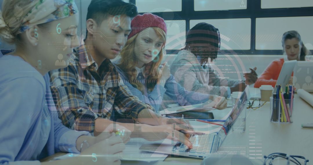 Diverse Coworkers Collaborating with Digital Technology Interface