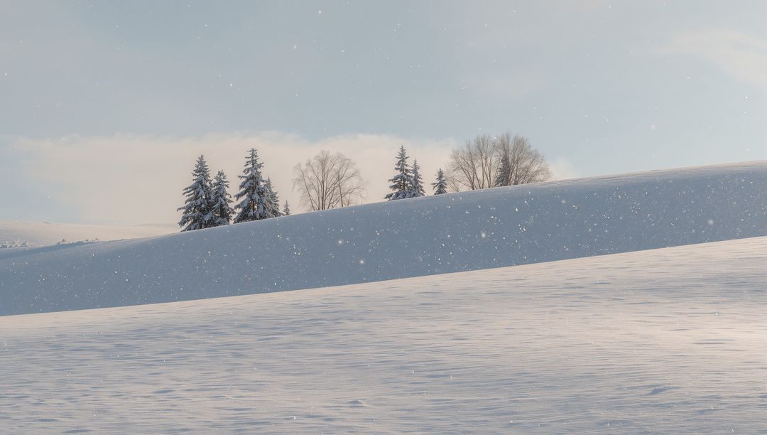 Snowy Ridge with Evergreen and Bare Trees, Gentle Snowfall over Winter Field