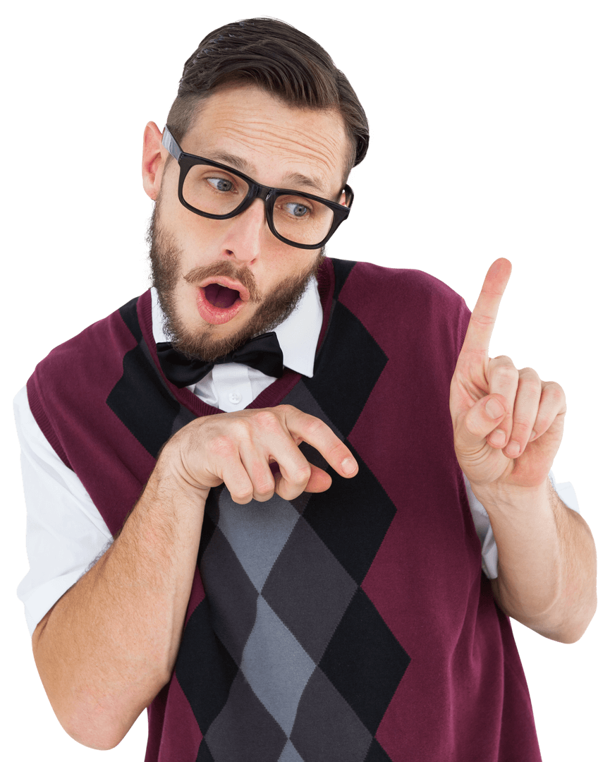 Geeky Hipster in Sweater Vest Pointing on Transparent Background