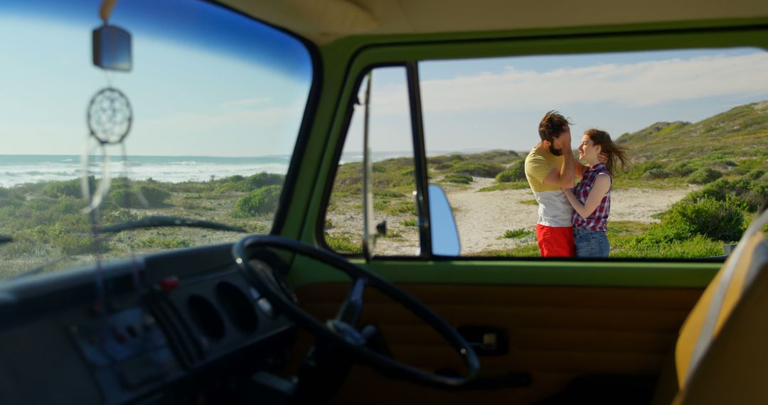 Happy Romantic Couple Embracing Near Beach From Van View - Free Images, Stock Photos and Pictures on Pikwizard.com