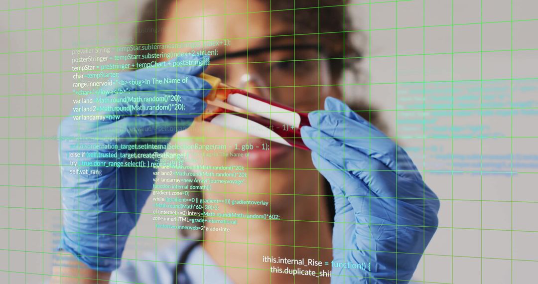 Scientist Analyzing Blood Sample with Programming Code Overlay