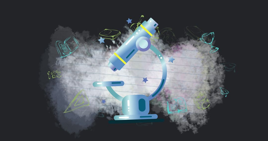 Microscope Graphic with Educational Elements in Dark Setting