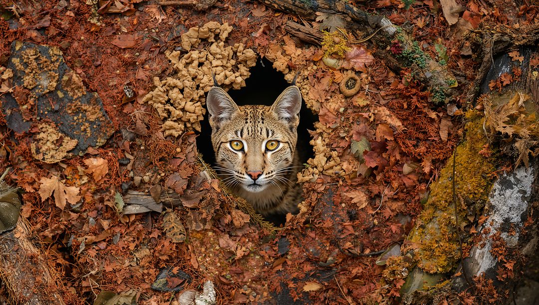 Small spotted wildcat peering from circular hole in oak forest floor with autumn leaves