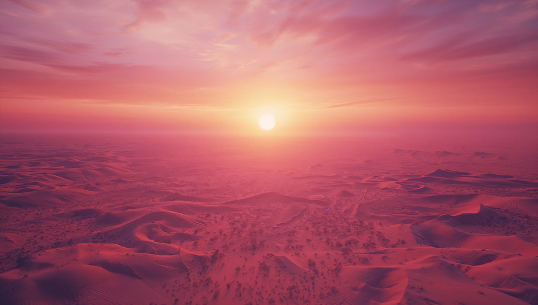 Vibrant Sunset Over Expansive Desert with Dunes