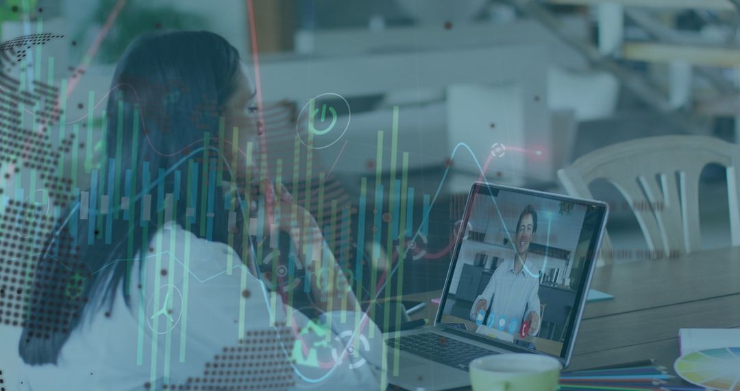Businesswoman Engaged in Virtual Meeting Surrounded by Digital Data Visualizations