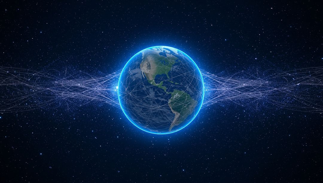 Earth with Glowing Neon Blue Halo and Data Network in Space