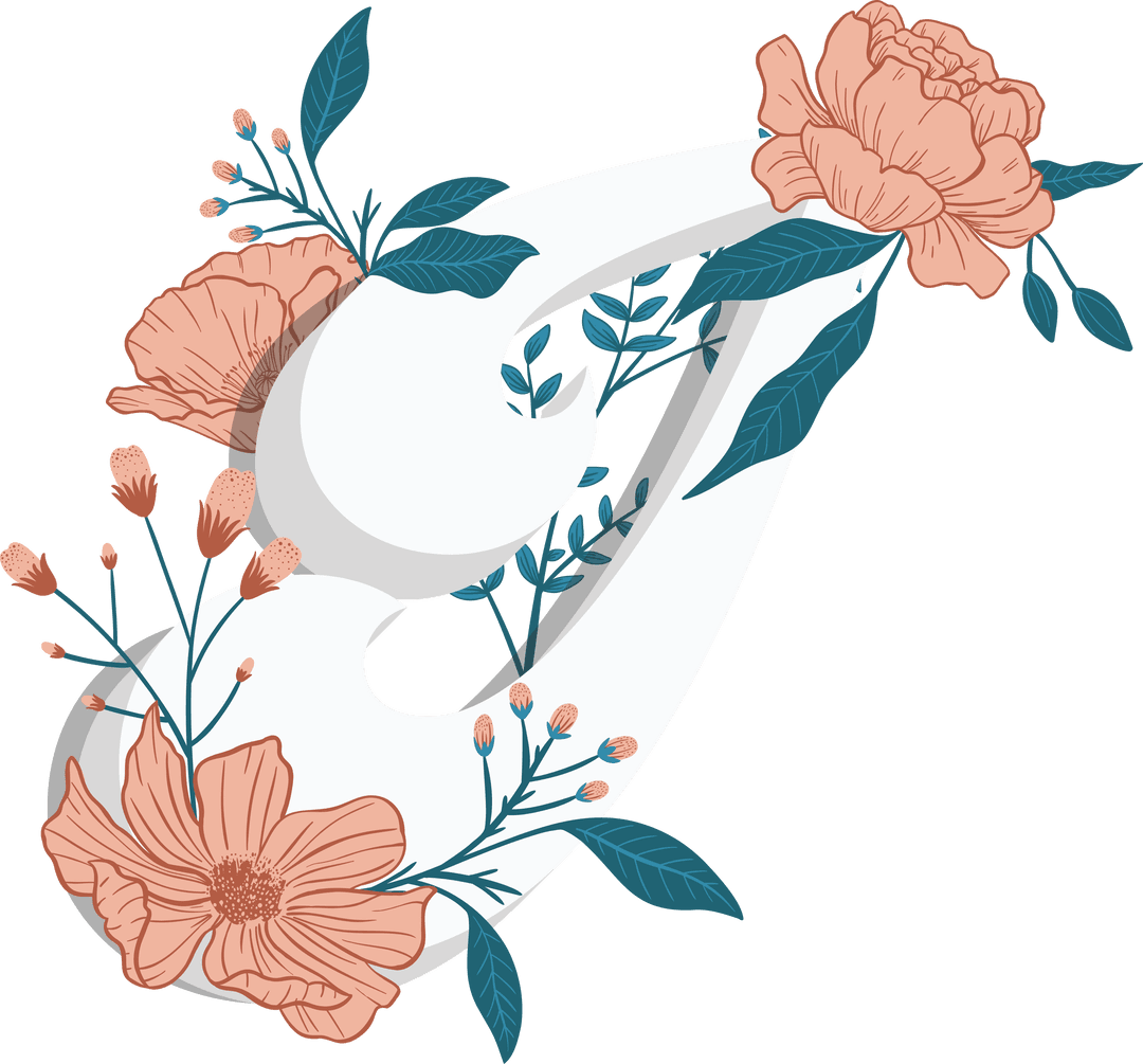 Elegant Ornamental Letter T with Florals on Transparent Background