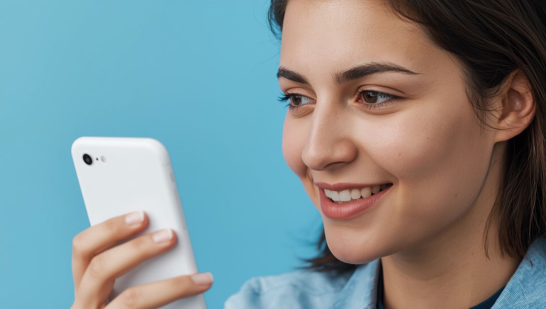 Smiling Woman Looking at Smartphone, Positive Expression