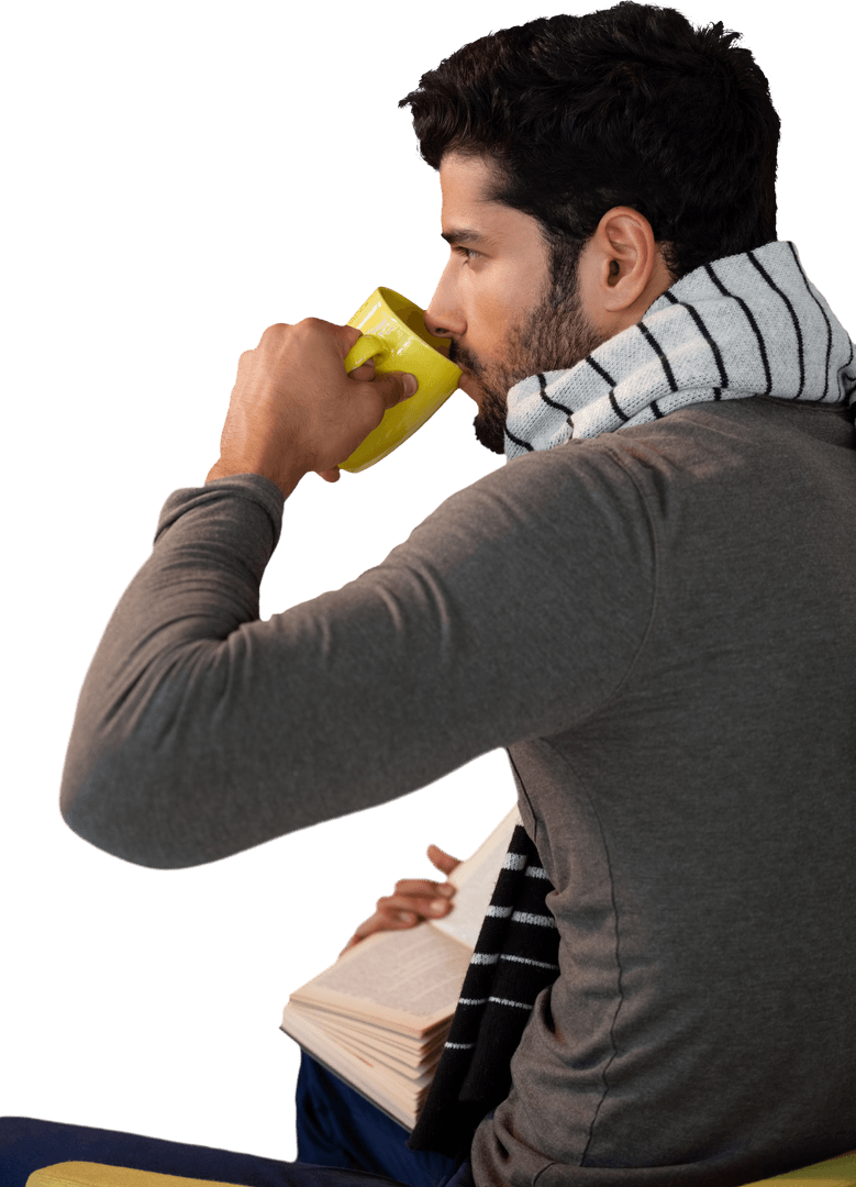 Transparent Thoughtful Man Enjoying Book and Coffee