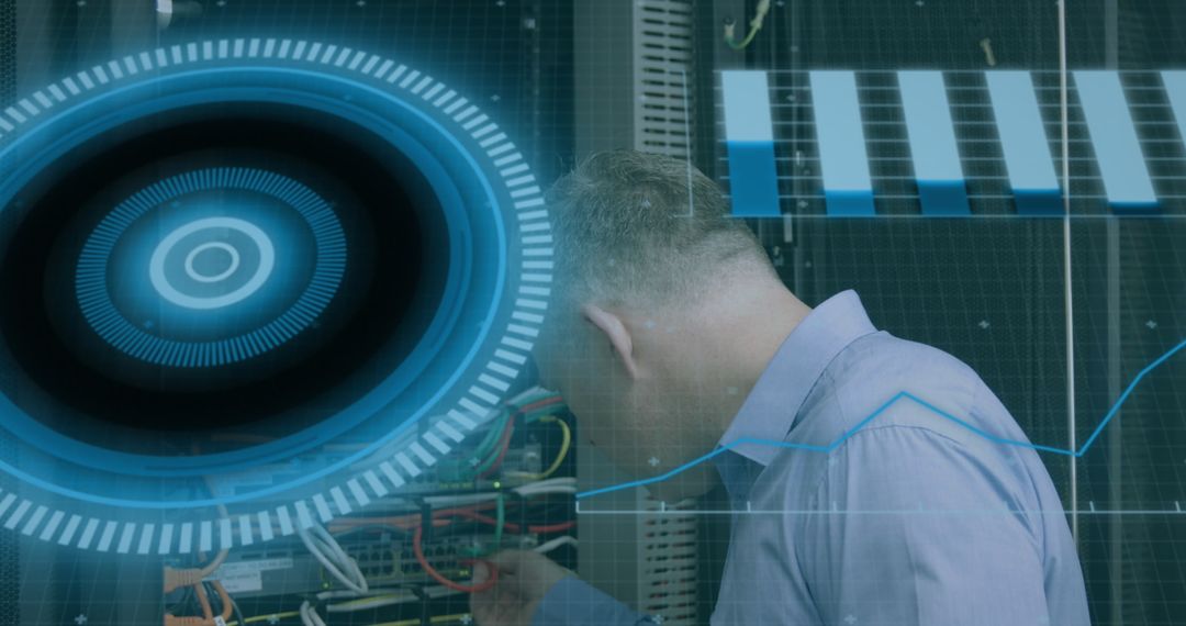 Engineer Working on Server with Digital Interface Overlay