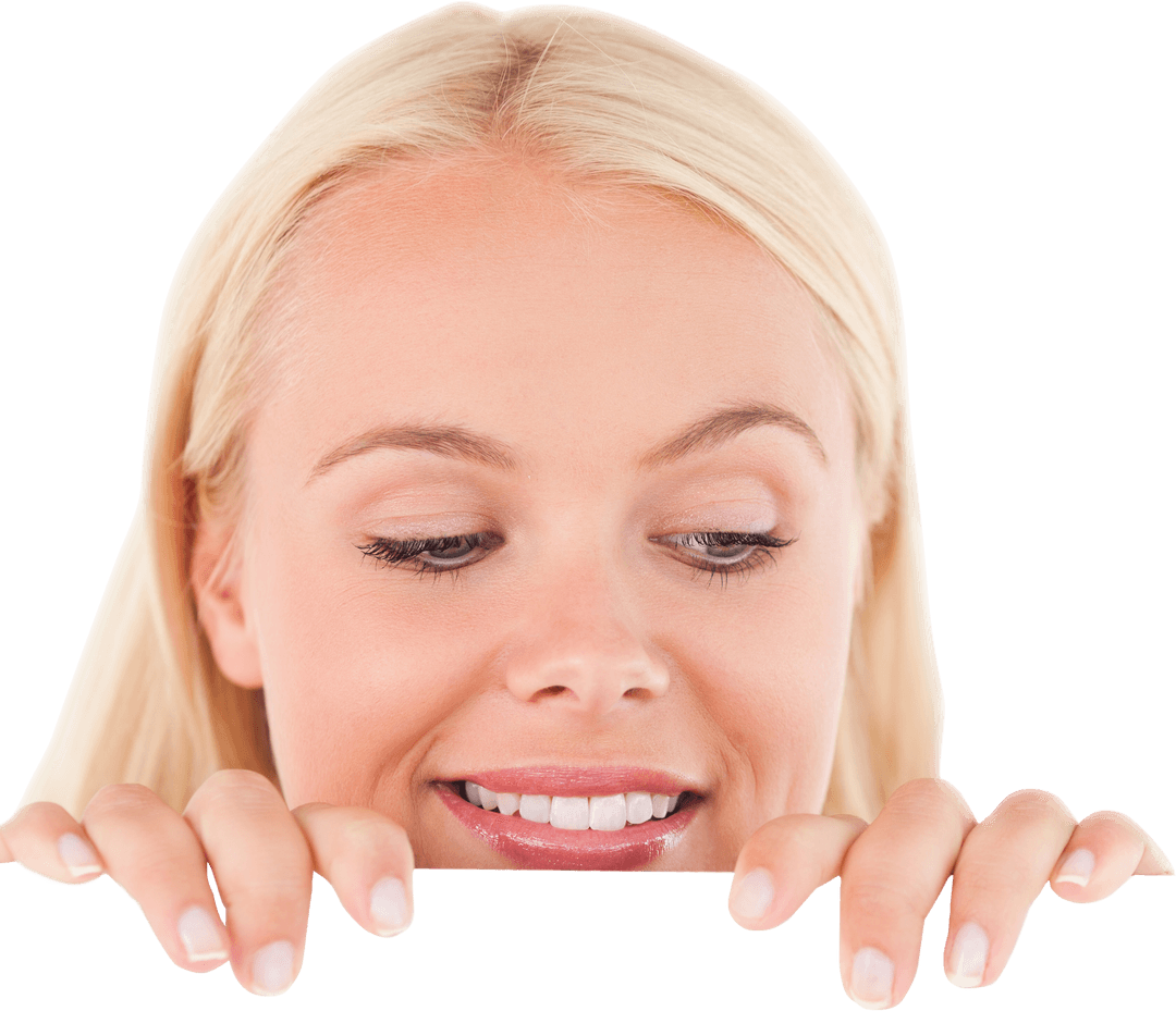 Smiling Caucasian Woman Peeking Over Edge on Transparent Background