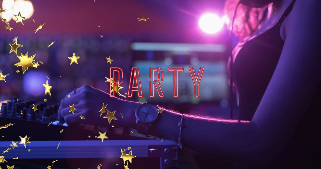 Female DJ Mixing at Vibrant Party with Dynamic Lights